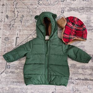 Green Hooded Baby Jacket with Plaid Hat